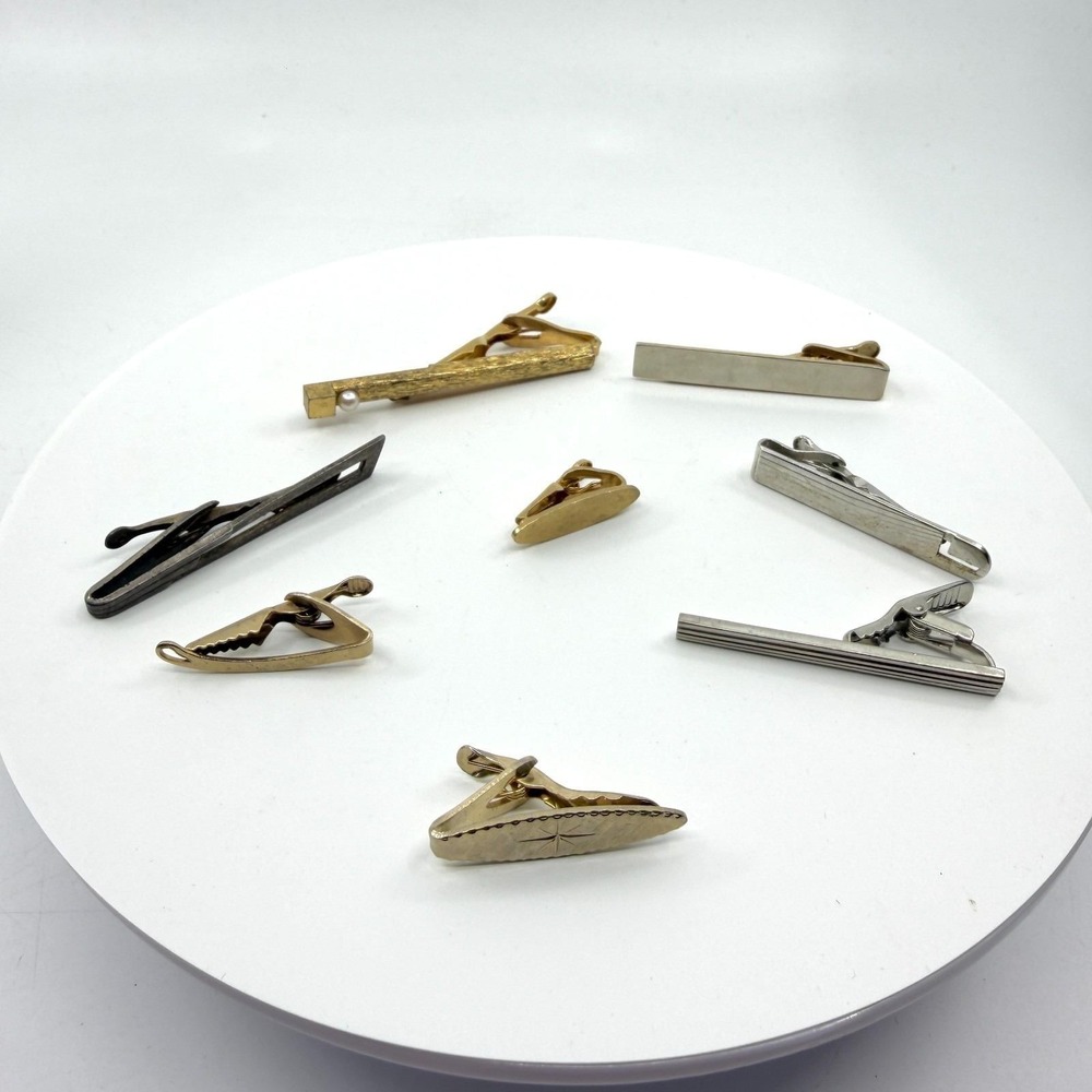 Vintage Men's Tie Clip Lot of 8 Gold & Silver Tone Minimalist Accessories Set